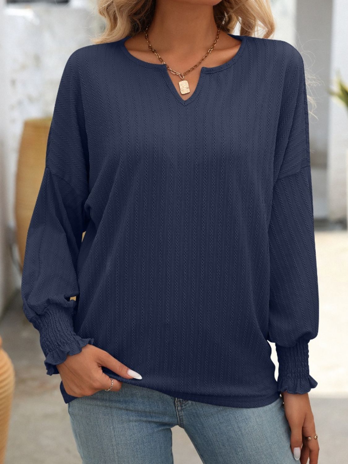 Mandy Textured Notched Lantern Sleeve T-Shirt