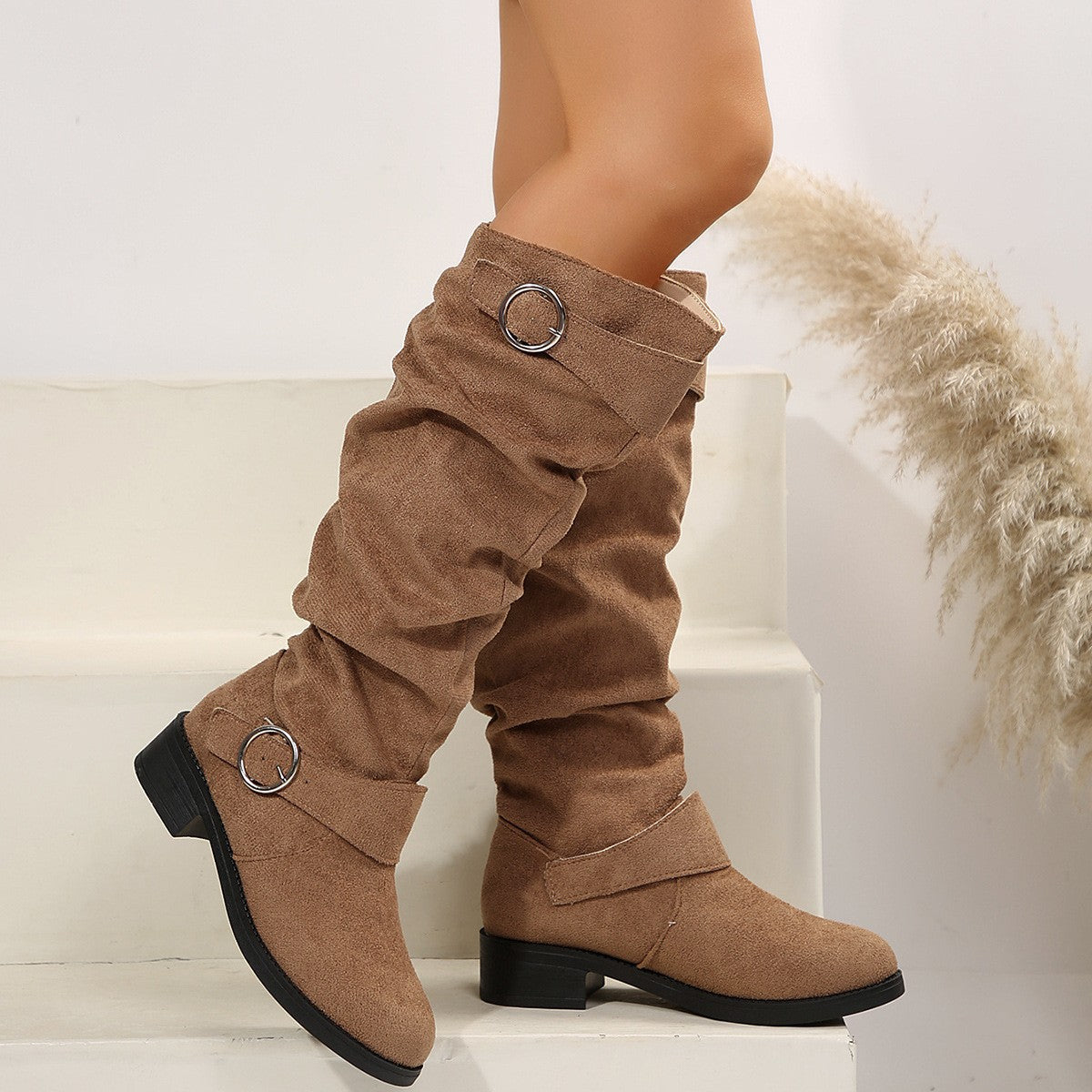 Buckle Round Toe Block Heel Boots