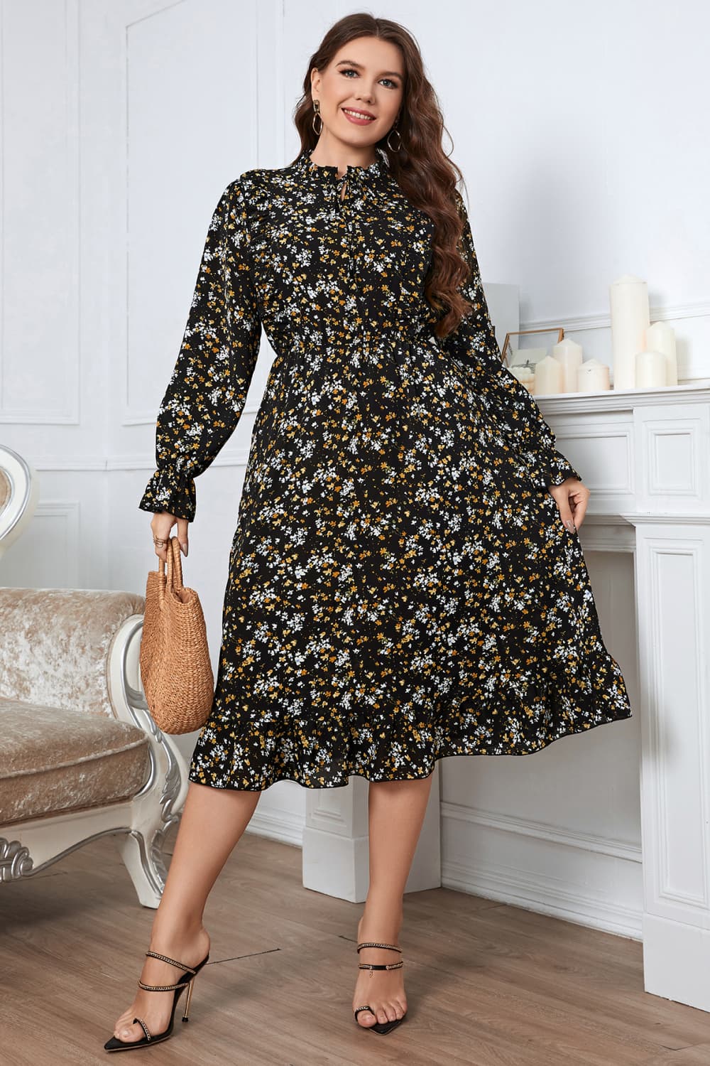 Honey Melo Apparel Plus Size Floral Flounce Sleeve Midi Dress