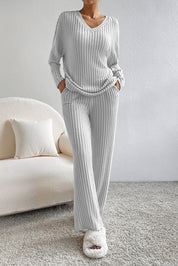 Ribbed V-Neck Top and Pants Lounge Set