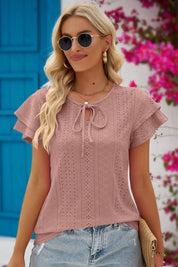 Mandy Eyelet Tie-Neck Flutter Sleeve Blouse