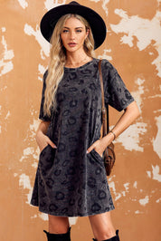 Leopard Round Neck Dropped Shoulder Dress with Pockets