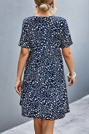 Ditsy Floral Empire Waist Plunge Short Sleeve Dress