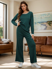 Contrast Trim Round Neck Top and Pants Sweater Set