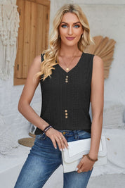 Eyelet Decorative Button V-Neck Tank