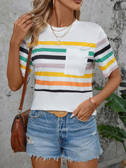 Perfee Striped Round Neck Short Sleeve T-Shirt