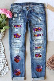 Distressed Sequin Pumpkin Jeans