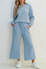 Textured Collared Neck Top and Wide Leg Pants Set