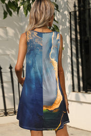 Shiny Abstract Print Round Neck Sleeveless Dress with Pockets