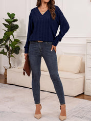 Ribbed V-Neck Long Sleeve T-Shirt