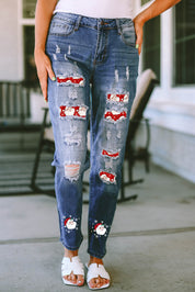 Santa Graphic Distressed Jeans with Pockets