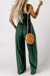 Smocked Square Neck Wide Leg Jumpsuit with Pockets