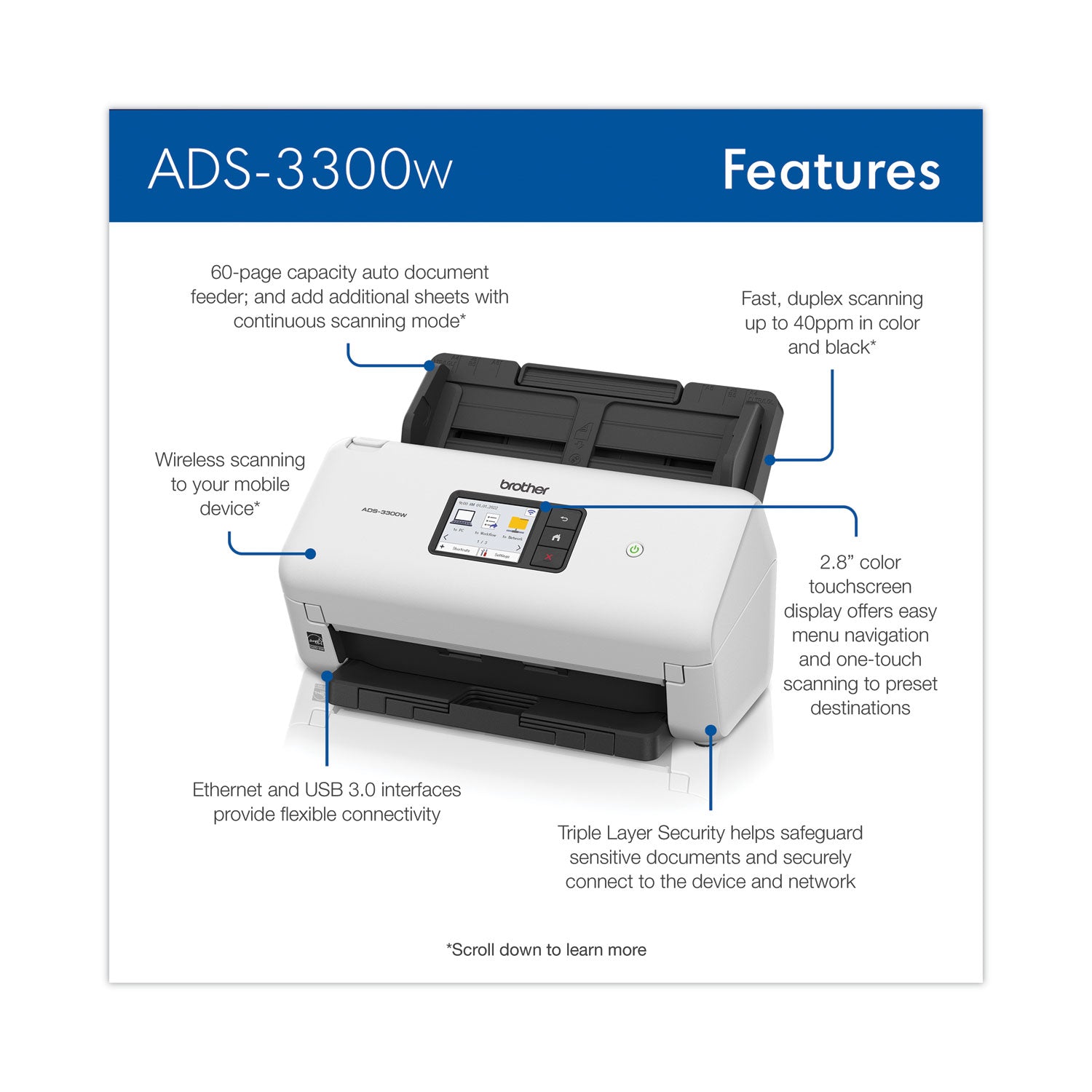 Brother ADS-3300W High-Speed Desktop Scanner, 600 dpi Optical Resolution, 60-sheet ADF