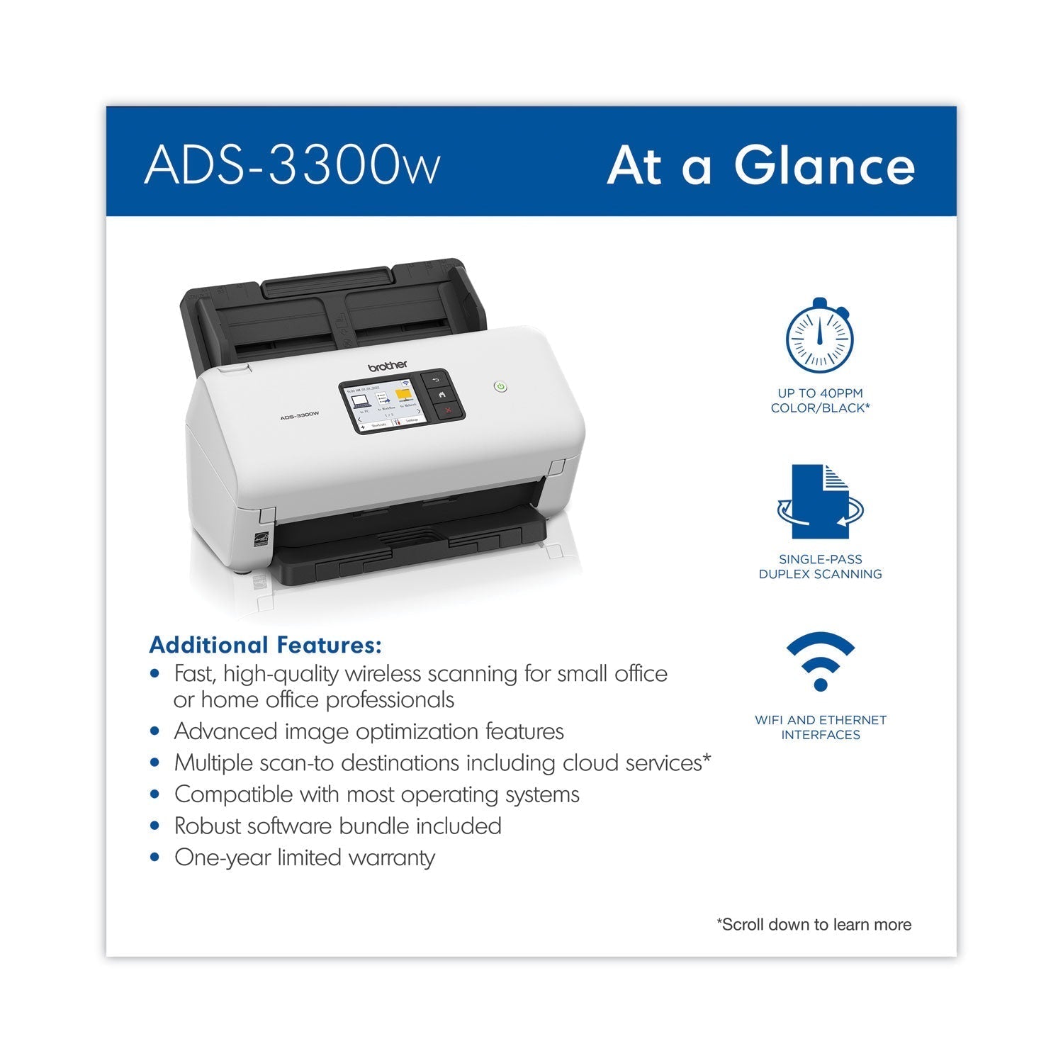 Brother ADS-3300W High-Speed Desktop Scanner, 600 dpi Optical Resolution, 60-sheet ADF