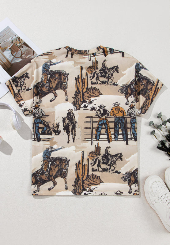 Cowboy Print Round Neck Short Sleeve T Shirt