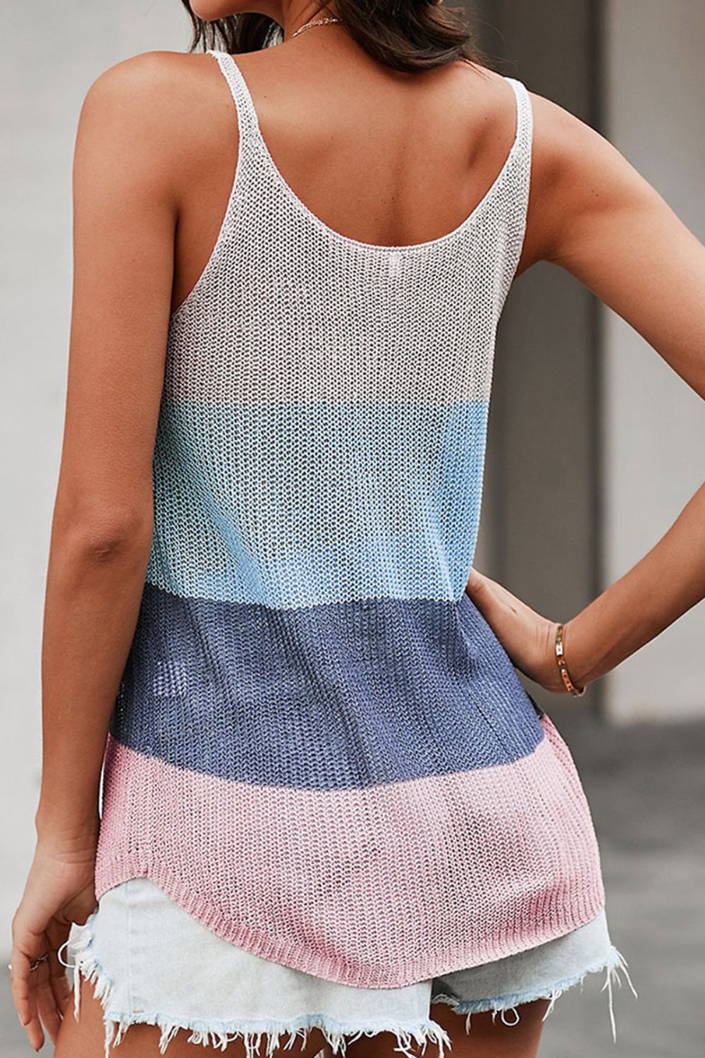 Shiny Color Block Scoop Neck Knit Tank