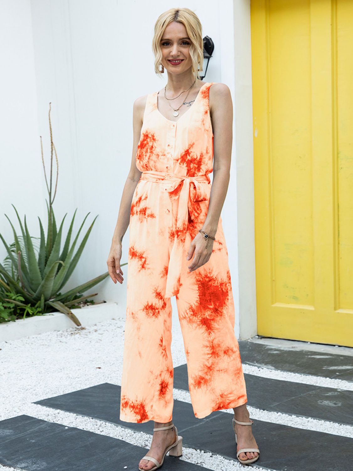 Ivy Lane Tie-Dye Tie Waist Sleeveless Jumpsuit