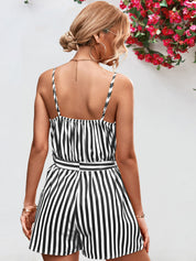 Striped Tie Waist Spaghetti Strap Romper