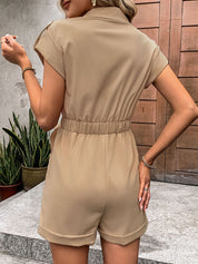 Perfee Collared Neck Tie Waist Romper with Pockets