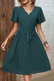 Perfee Buttoned V-Neck Flutter Sleeve Pleated Dress