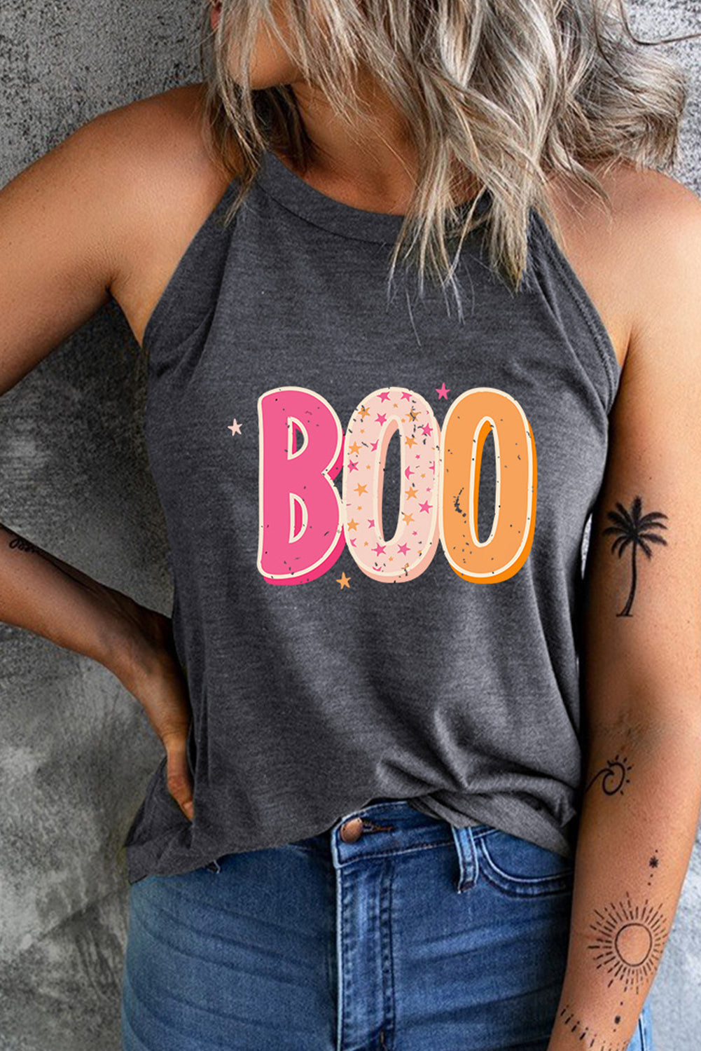 Round Neck Sleeveless BOO Graphic Tank Top