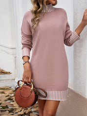 Devine Striped Mock Neck Long Sleeve Sweater Dress