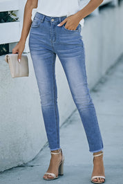 High Waist Raw Hem Skinny Jeans