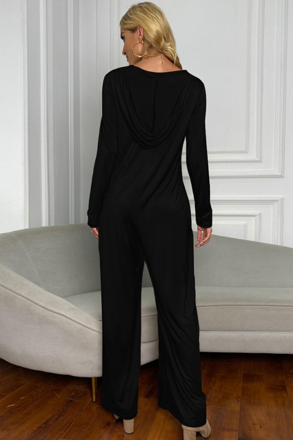 Shiny Long Sleeve V-Neck Jumpsuit with Pockets