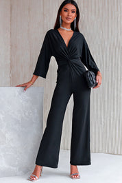 Twisted Plunge Three-Quarter Sleeve Jumpsuit