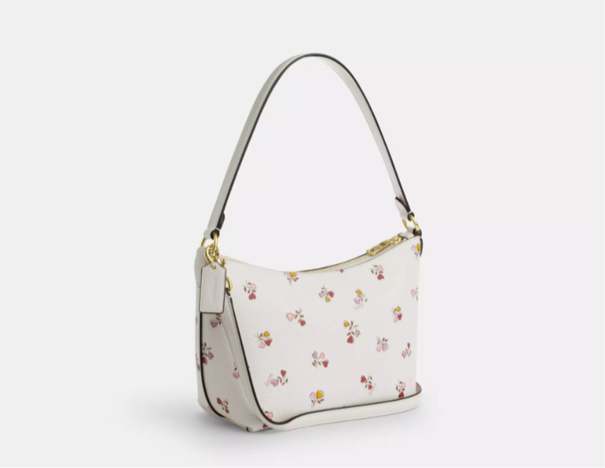 Coach Zip Top Shoulder Bag with Heart print Flowers In Gold/Chalk Multi