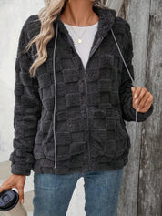 Checkered Texture Zip Up Drawstring Fuzzy Jacket