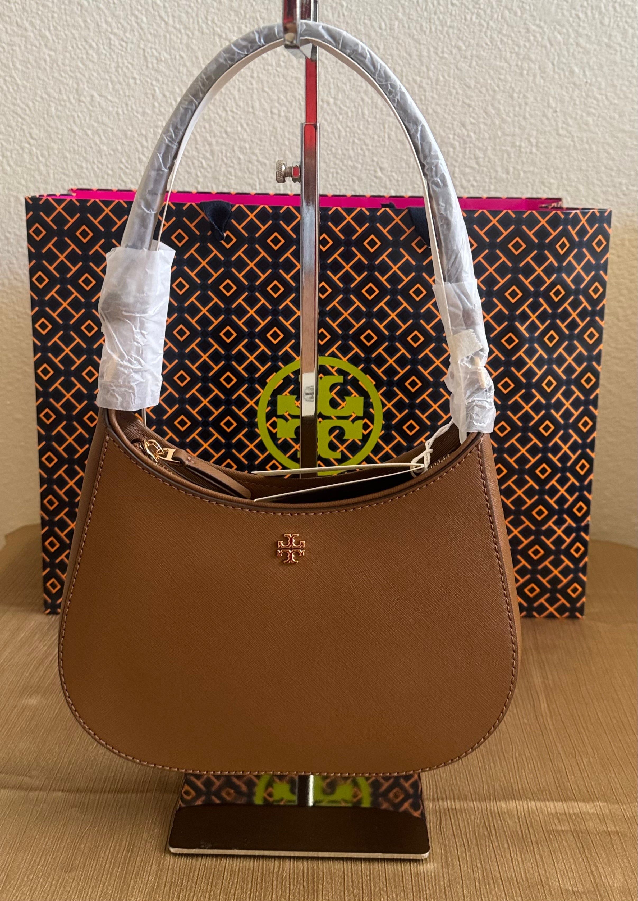 NWT Tory Burch Emerson Saffiano Leather Shoulder Bag in Gold/Moose