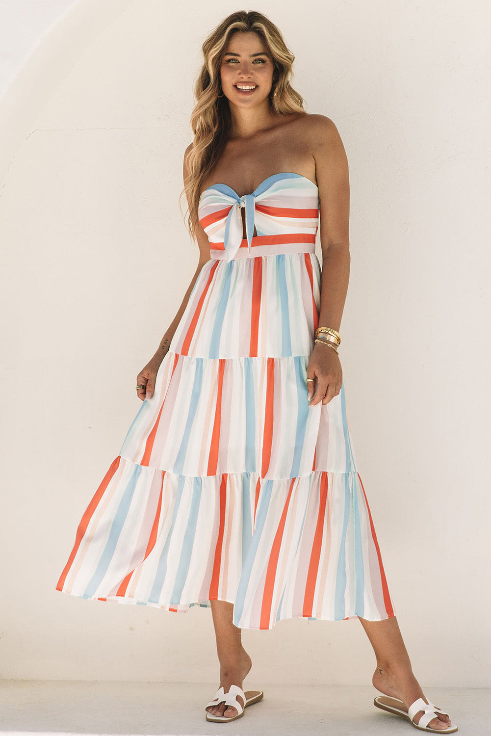 Striped Strapless Sweetheart Neck Dress