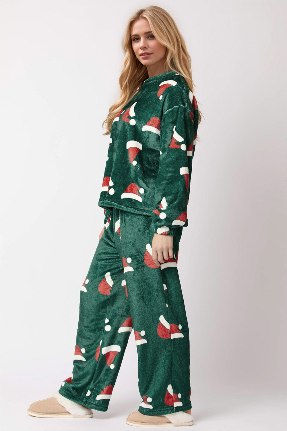 Christmas Hat Pattern Round Neck Long Sleeve Top and Pants Set