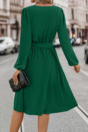 Tie Waist Notched Neck Long Sleeve Dress