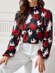 Frill Floral Mock Neck Long Sleeve Top