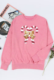 Sequin Candy Cane Round Neck Slit Sweatshirt