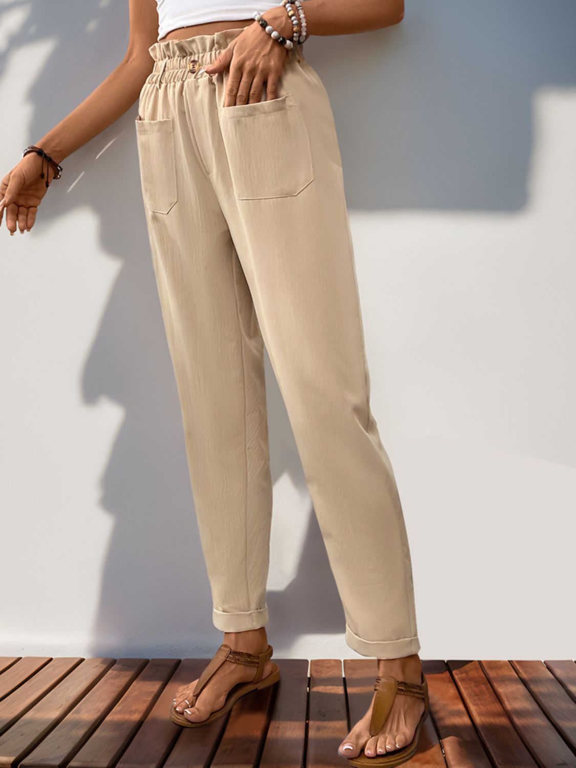 Perfee Frill High Waist Pants with Pockets