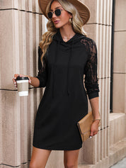 Perfee Lace Trim Long Sleeve Hooded Dress