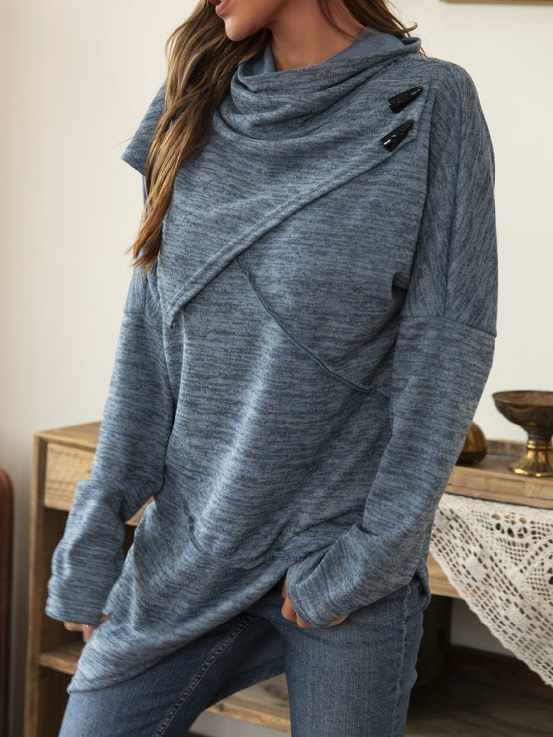 Asymmetrical Hem Cowl Neck Long Sleeve T-Shirt