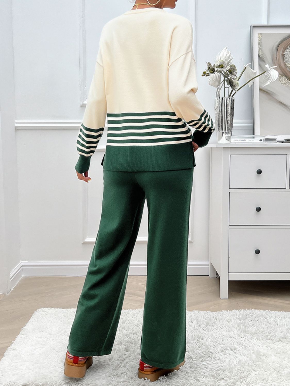 Devine Slit Striped Round Neck Top and Pants Sweater Set