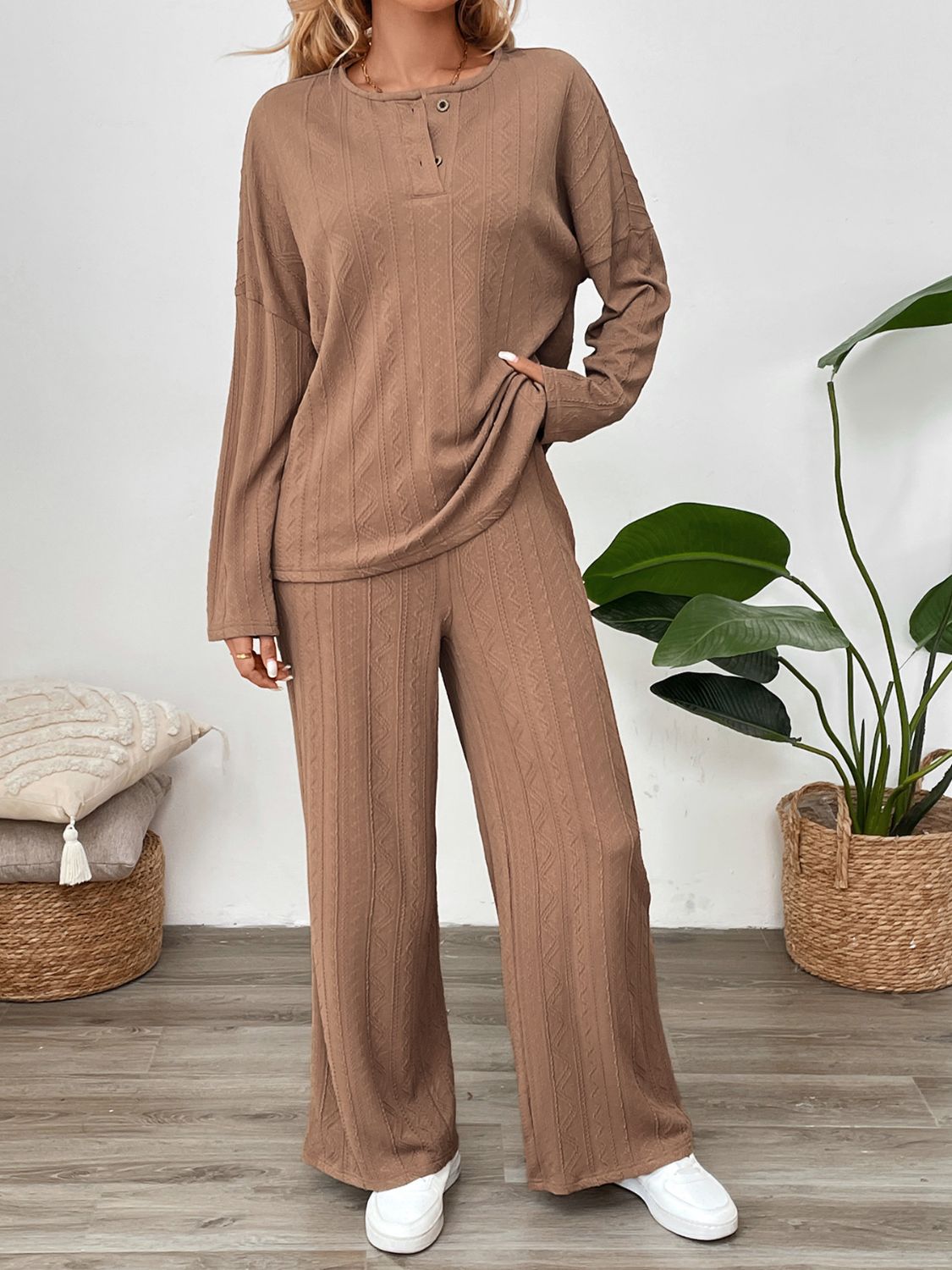 Perfee Quarter Button Long Sleeve Top and Pants Set