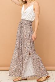 And The Why Printed Smocked Waist Slit Wide Leg Pants