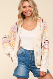 Haptics Full Size Striped Crochet Open Front Cardigan