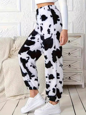 Fuzzy Cow Print Elastic Waist Pants