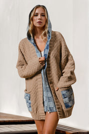 Double Take Full Size Hooded Denim Spliced Sweater Cardigan