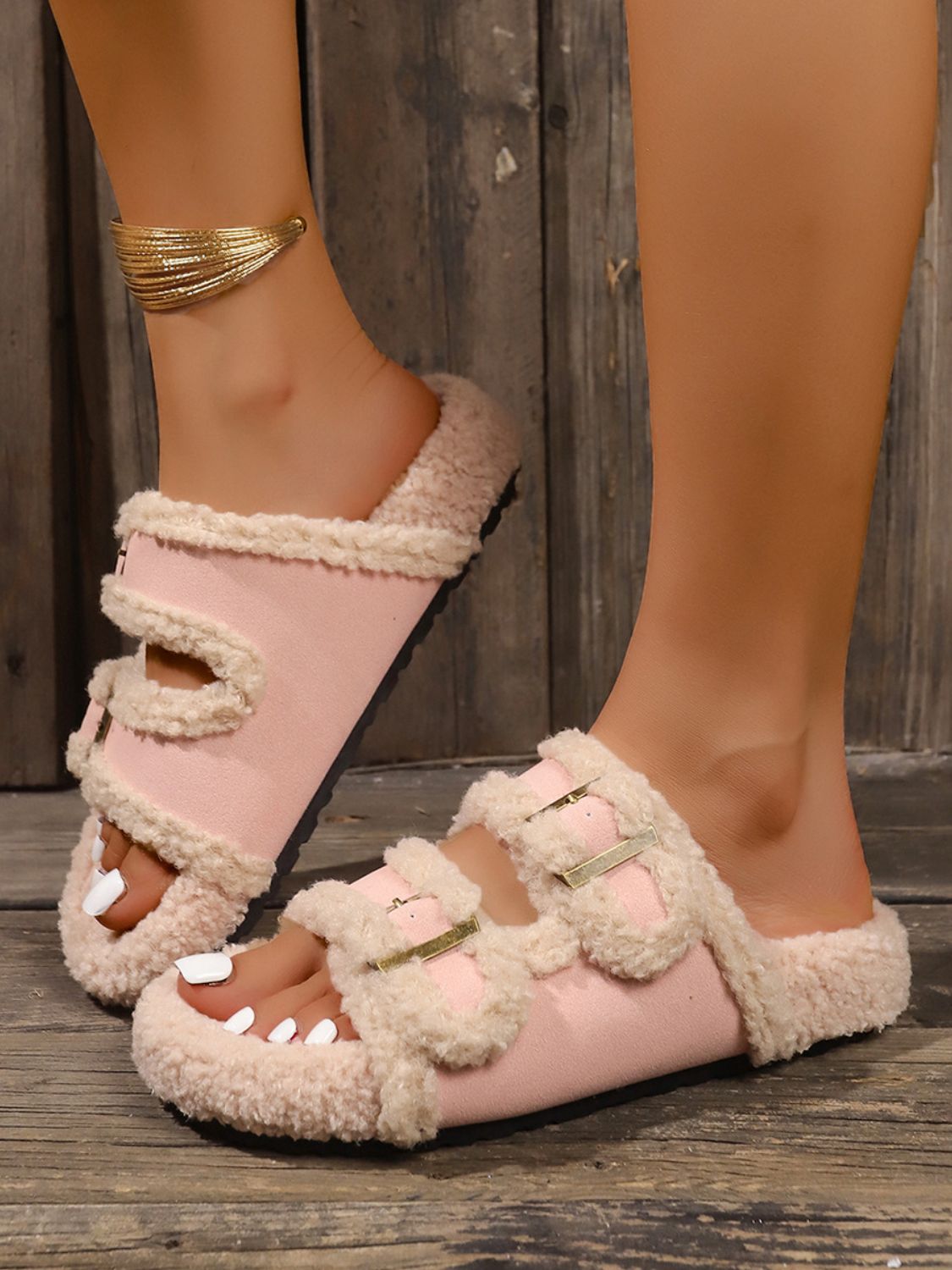 Faux Fur Contrast Open Toe Slippers