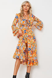 Printed Layered Flare Sleeve Split Tied Dress