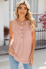 Eyelet Buttoned Round Neck Tank