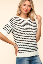 Haptics Openwork Striped Round Neck Half Sleeve Knit Top